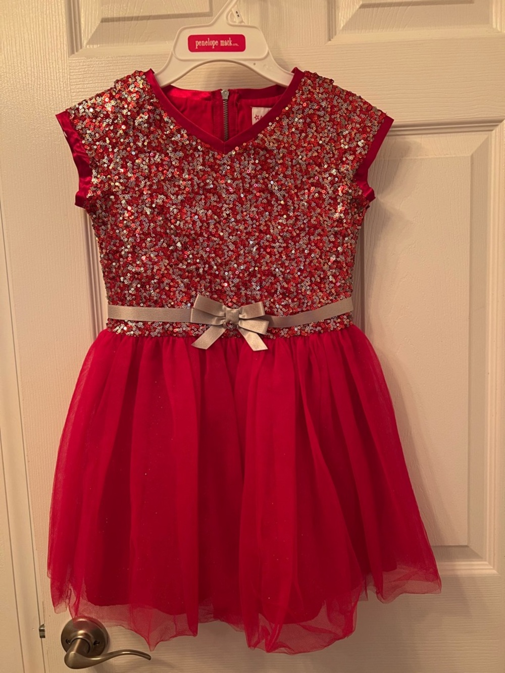 American Girl Red Sequin Tulle Dress with Silver Bow